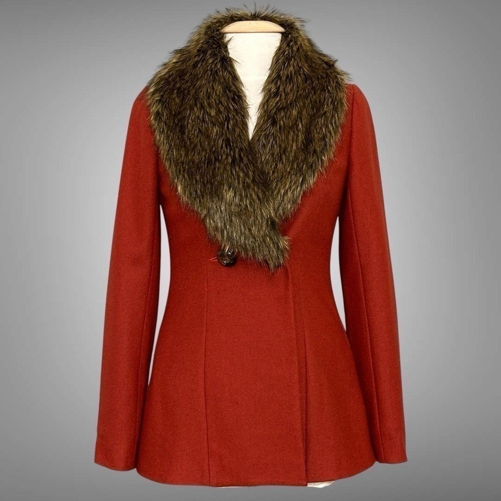 Mob Wife Glam Womens Jacket S Rust Faux Fur Collar Single Button Peacoat Chic